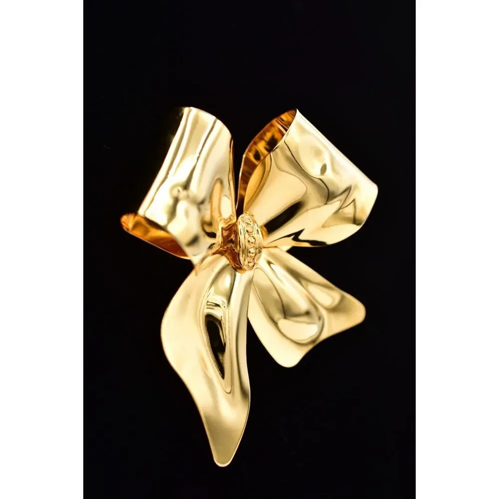 Vintage Chunky Gold Bow Brooch Pin Large Sculptural Ribbon Statement NOS BinA18